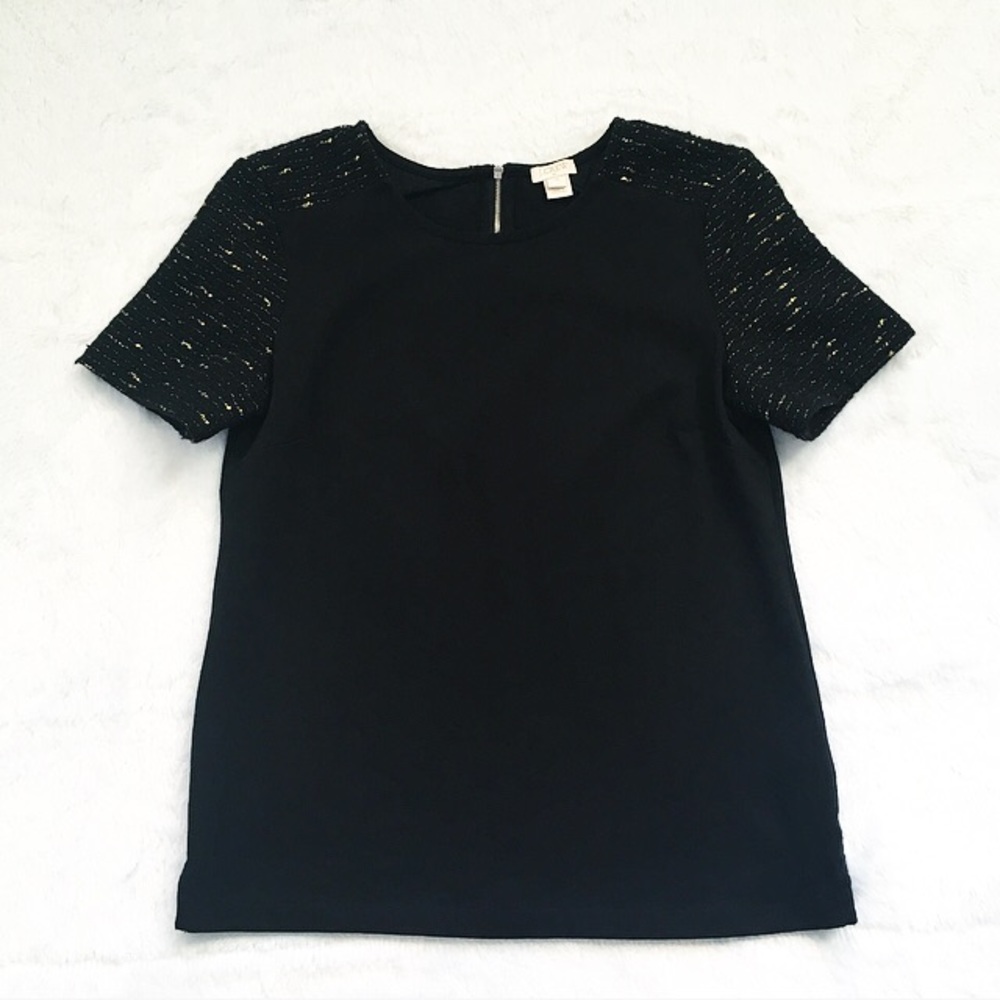 Like New Black J. Crew Blouse with Tweed Sleeves